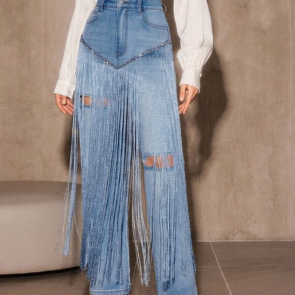 Blue Party Women's Heavy Fringe Diamond Straight Leg Jeans - Picture 7 of 7